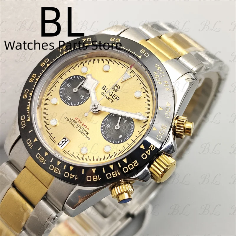 BLIGER 39mm VK64 Quartz Chronograph Watch For Men Two tone Gold Stanless Steel Strap Black Gold Bezel Sapphire Glass Waterproof