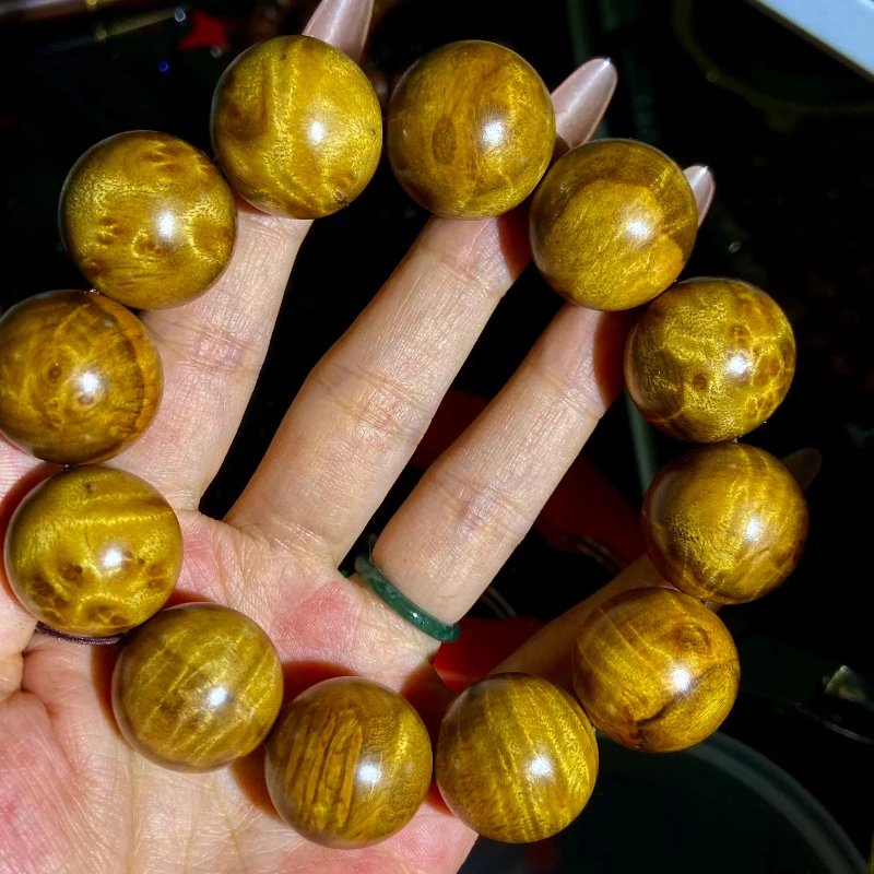Chinese Style Auspicious Natural Golden Phoebe Zhennan Wood Bead Bracelet 20mm Water Ripple Burl Pattern Lucky Wealth Attracting