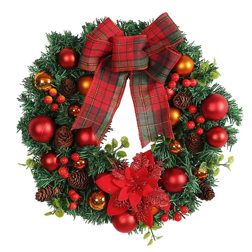 

Realistic Bowknot Wreath Indoor Christmas Wreath Festive Holiday Wreaths Plaid Bowknot Pine Cone Needle Ball Berry for Indoor