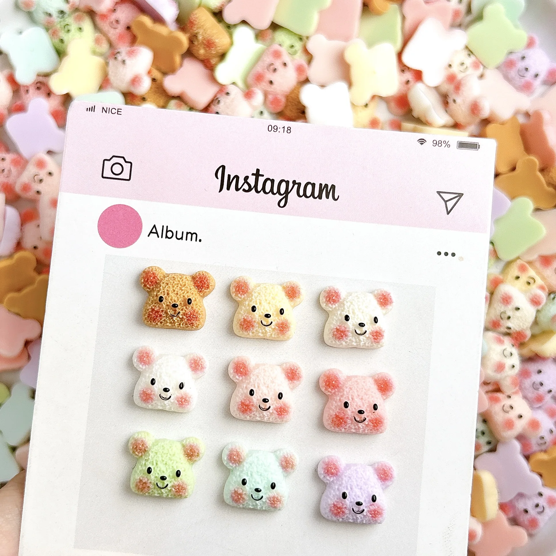 30 pièces Dopamine couleur lumineux ours tête résine ongles breloques 3D dessin animé Kawaii poudre fard à joues ours Nail Art décorations pour bricolage