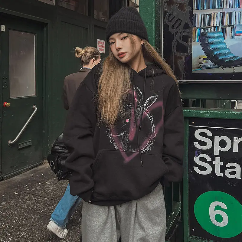 Hoodies Print Drawstring Women'S Loose Sweatshirts Y2K Harajuku Pullover Casual Long Sleeve Hooded Tops Autumn Korean Hoodie