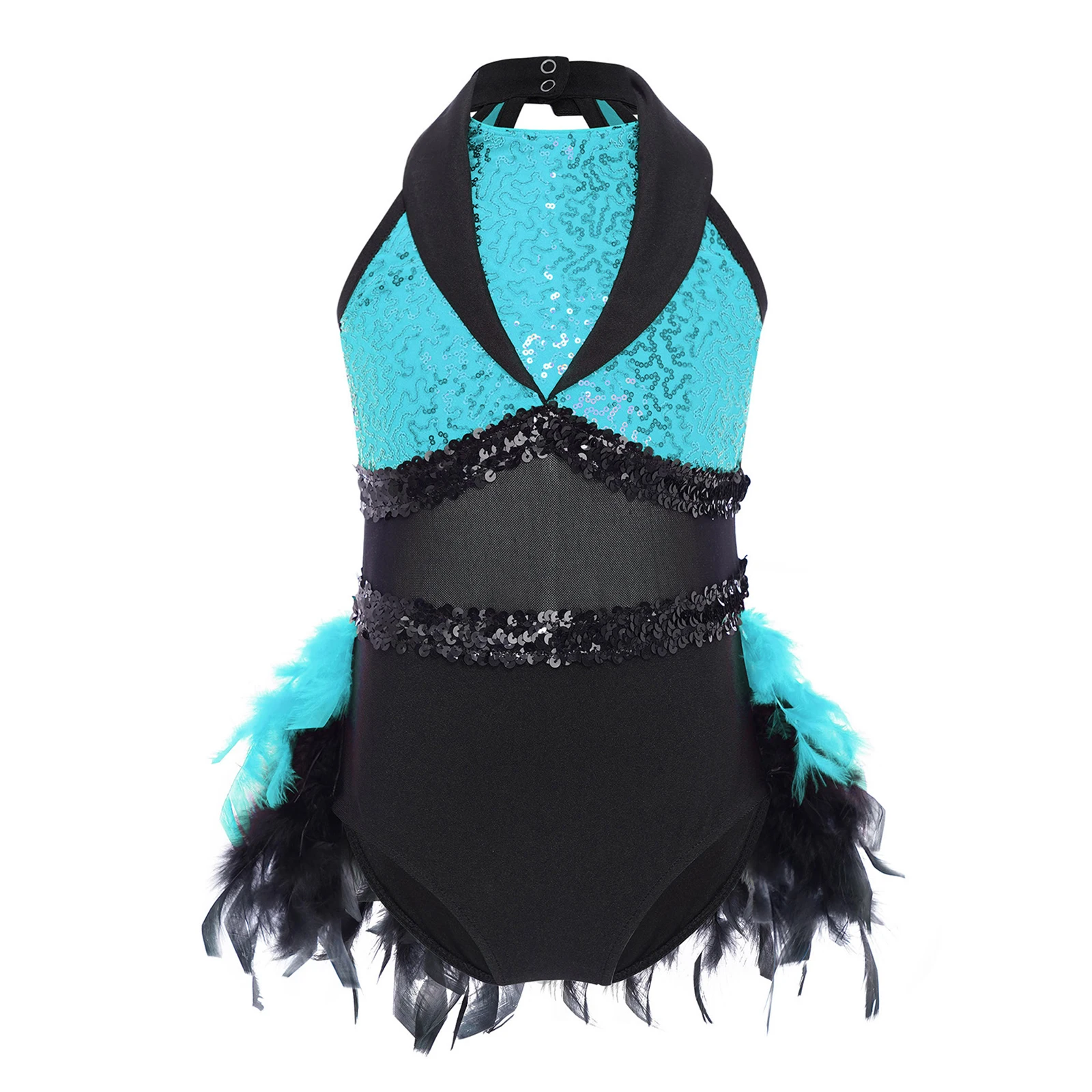 

Kids Latin Jazz Dance Dress Figure Ice Skating Dancewear Girls Sheer Mesh Patchwork Sequins Feather Performance Leotards Dress