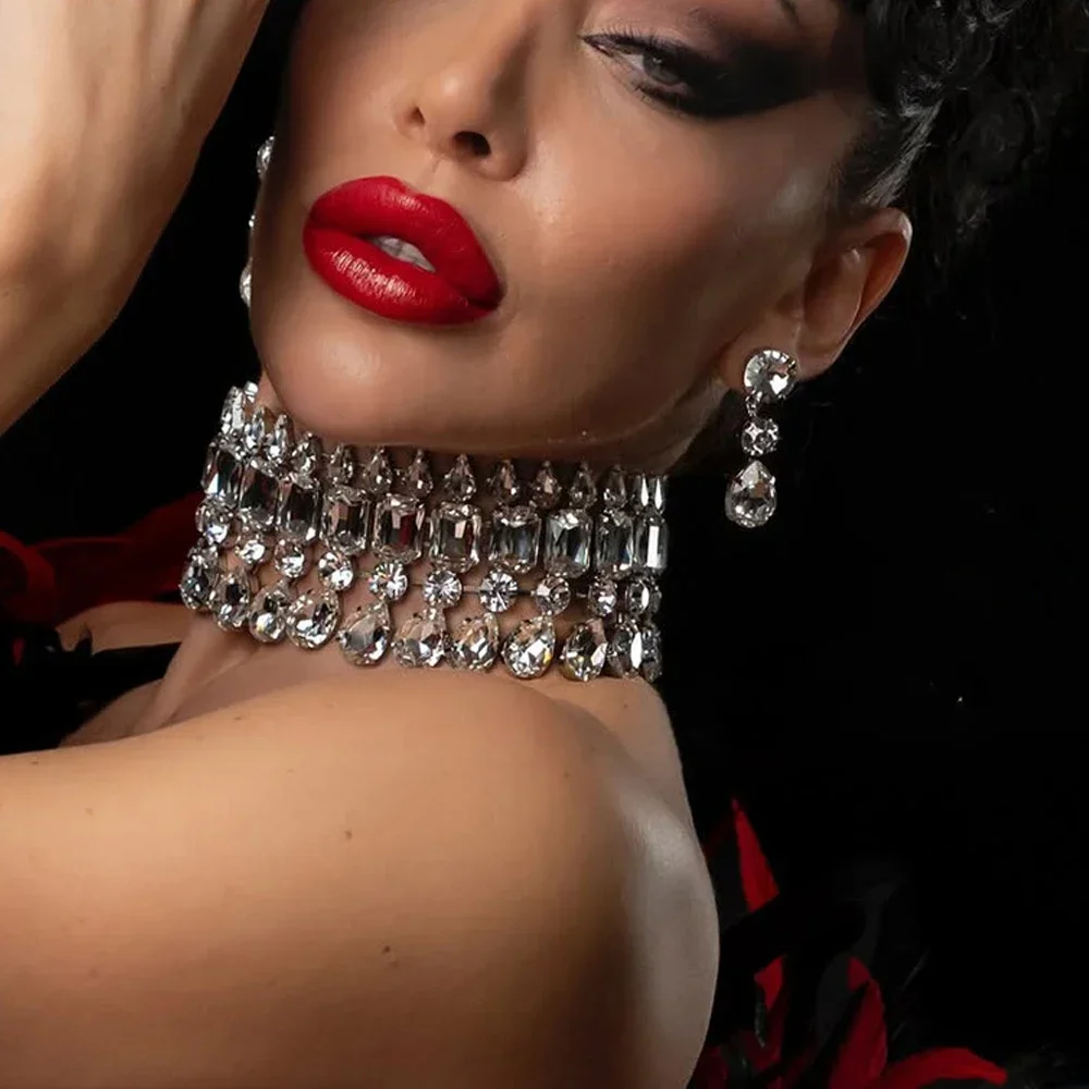 Fashion Trend Exaggerated Jewelry Set Dubai Wedding Accessories Drag Queen Geometric Rhinestone Necklace Earrings Sets for Women