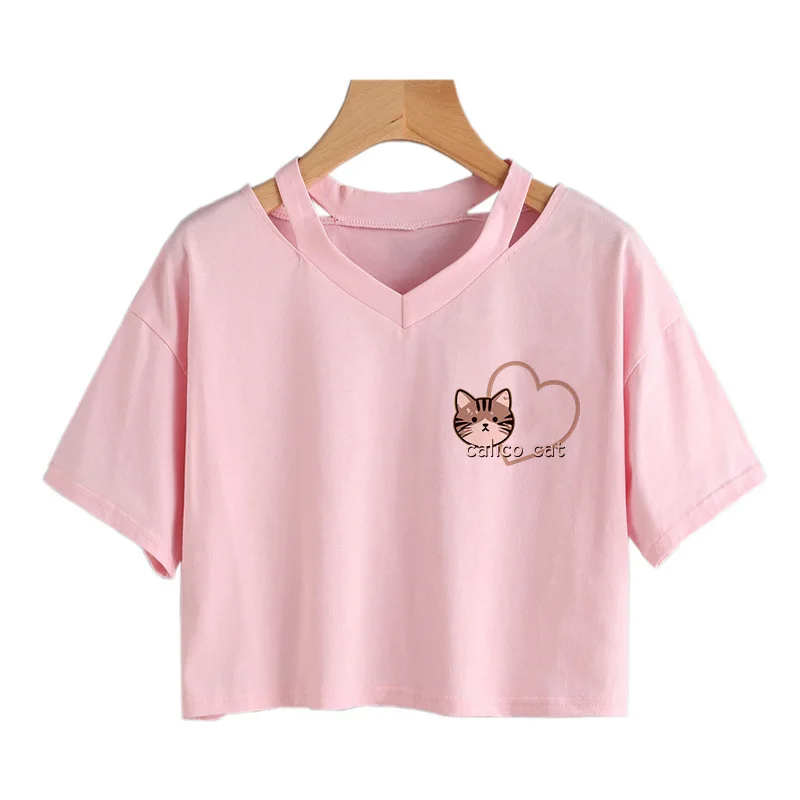 Funny Calico Cat Print V-neck Short Sleeve Cropped T Shirt Women's Sexy Crop Top with Cute Kitten Design Graphic T-shirt Clothes