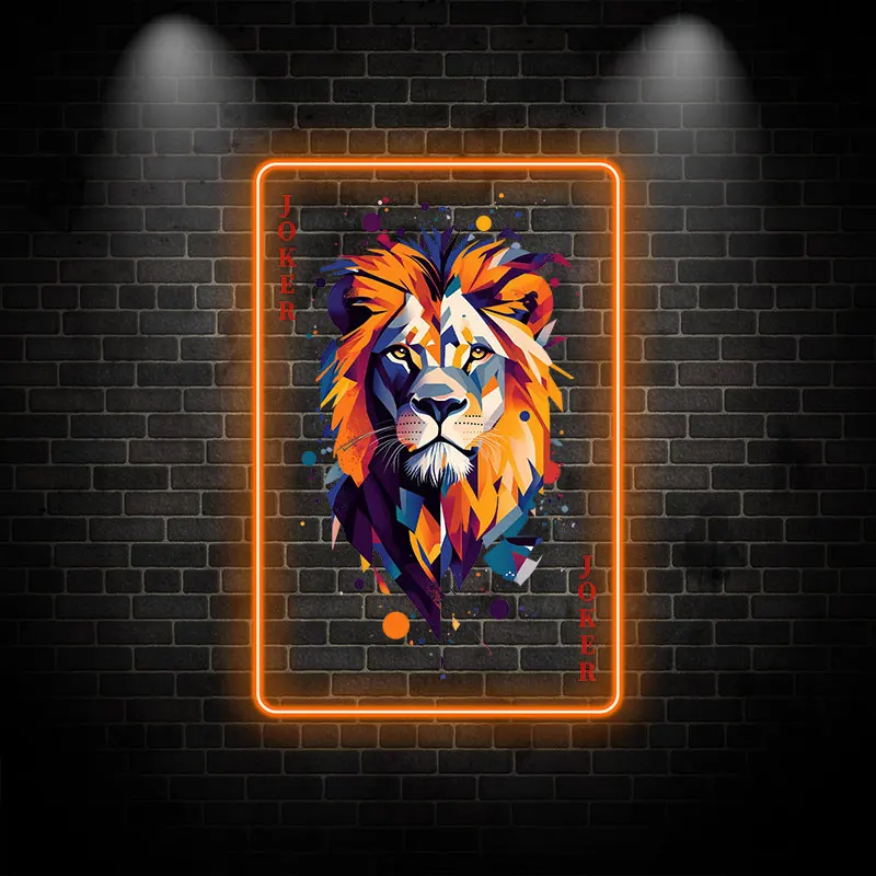 Arte de pared LED de neón Joker Lion: diseño geométrico vibrante con colores audazes, regalo perfecto para sala de juegos, cueva de hombre y decoración moderna