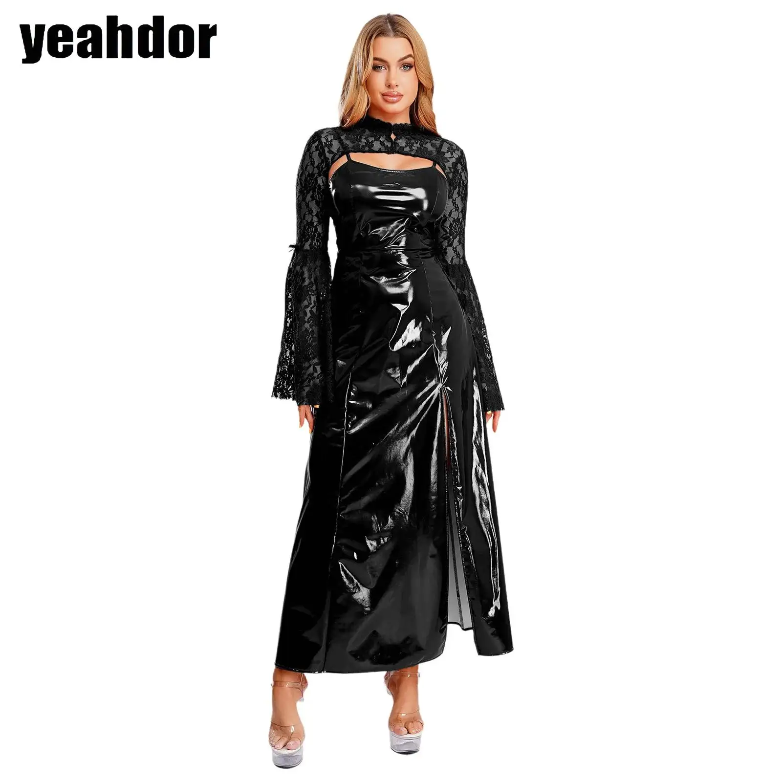 Women Medieval Gothic Glossy PU Dress with Sheer Floral Lace Shrugs Shawls Flare Cropped Halloween Vampire Witch Side Slit Dress