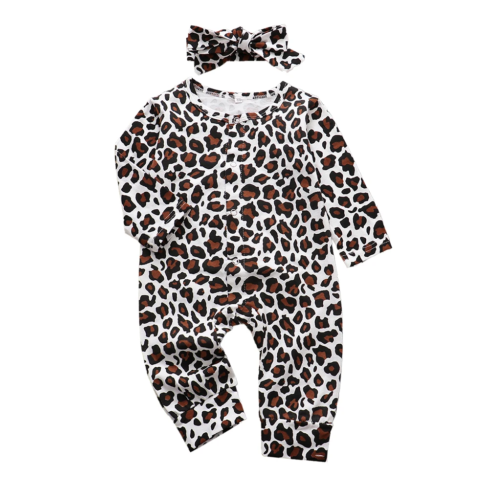 Spring Autumn Newborn Baby Girl  Infant Clothes Cotton Leopard Romper Long Sleeve+ Headband Jumpsuit 2Pcs Toddler Clothing Suit