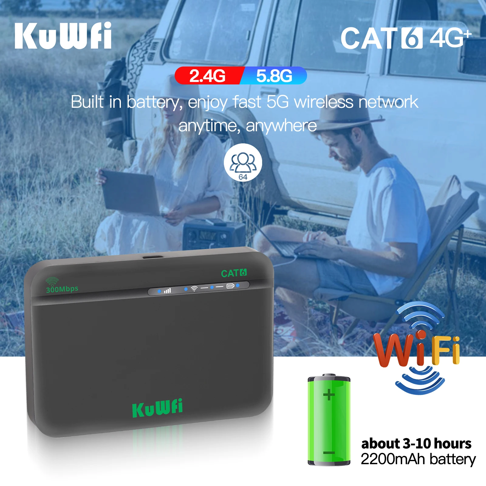 C802 Portable 4G LTE Cat6 Mobile Router, 300Mbps High Speed, Dual Band Wi-Fi, VPN Support for Secure Business/Travel, 64 Devices