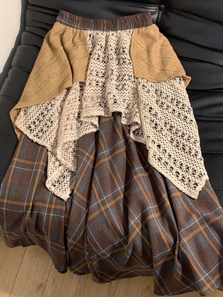 الخريف الشتاء خمر المرقعة منقوشة تنورة المرأة عالية الخصر ألف خط ماكسي تنورة غير النظامية بوهو الأدبية الدانتيل المشارب تنورة طويلة