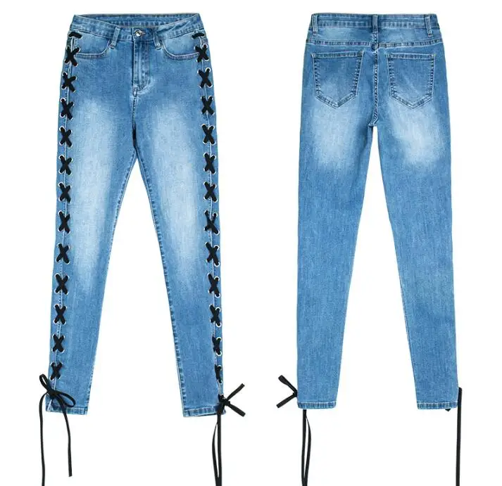 Women's Jeans Spring Autumn Cross Strap Slim Fit Jeans Sexy Skinny Lace Up Pencil Pants