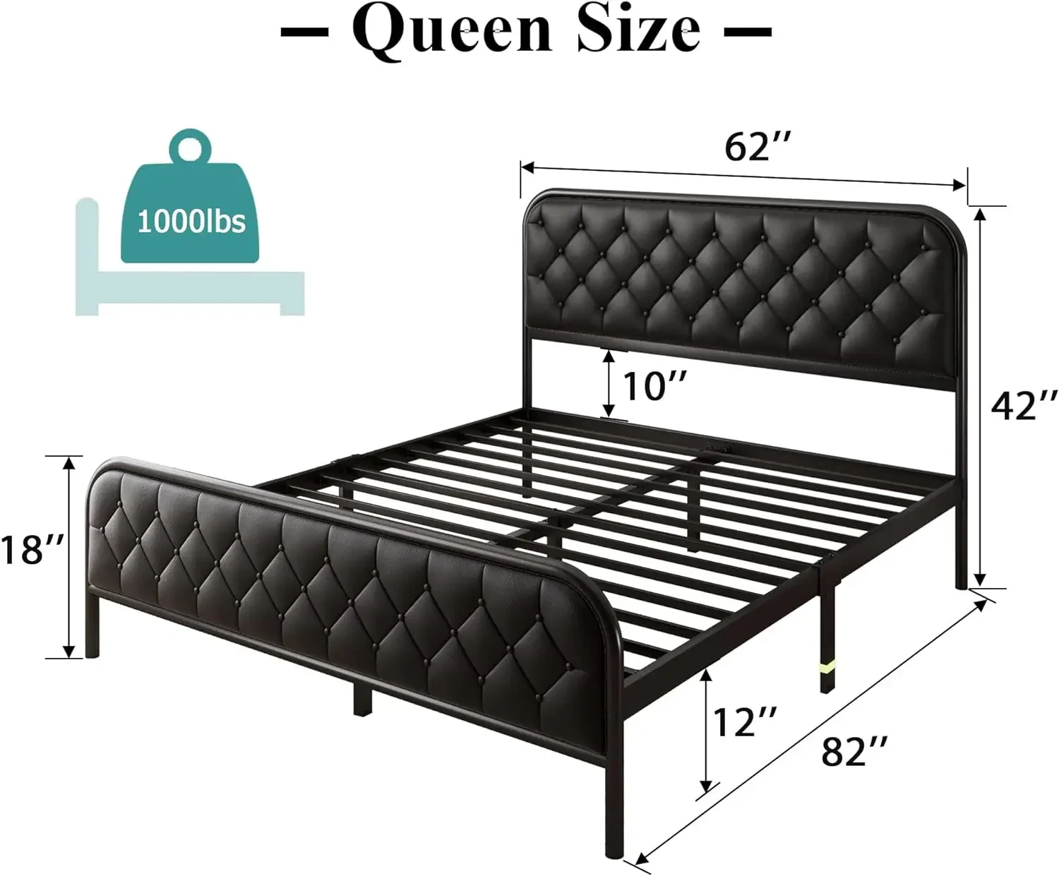 Upholstered King Platform Bed Frame, Heavy Duty Mattress Foundation, 12" Under Bed Space, Metal Slats Support, Button Faux