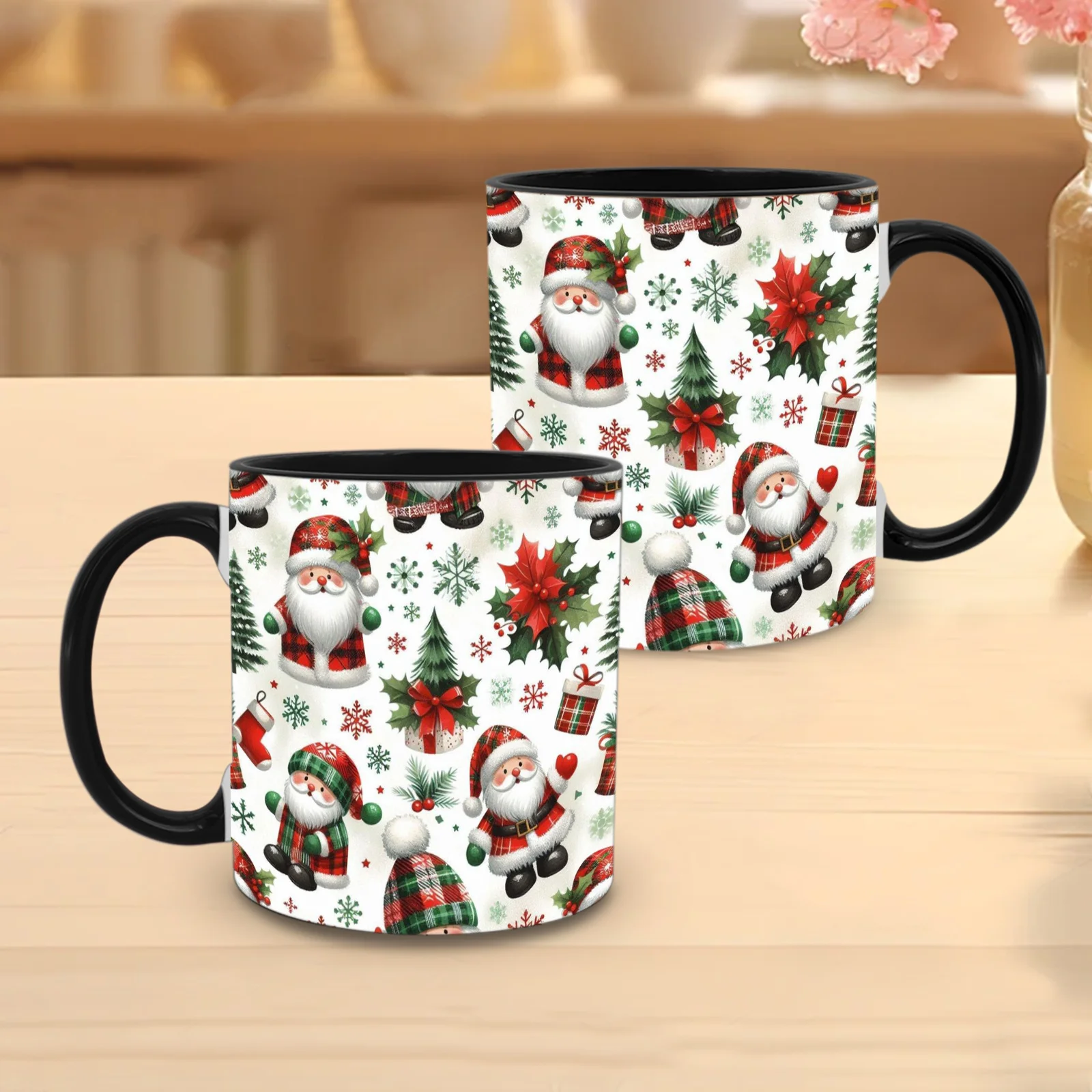 1pc Vintage Christmas Santa Claus Ceramic Mug - 11oz Red & Green Plaid Coffee Cup with Santa, Snowman & Holly Berry Hat Design, Durable Dishwasher- Hot Drinkware for Adults, Holiday Gift, Home or Office Use - Reusable Ceramic Cup