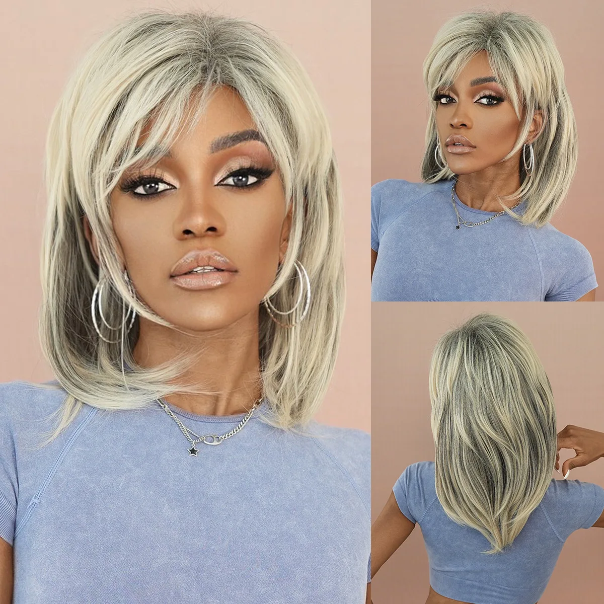 

Black female layered beige imitation high temperature silk and chemical fiber shoulder-length wig