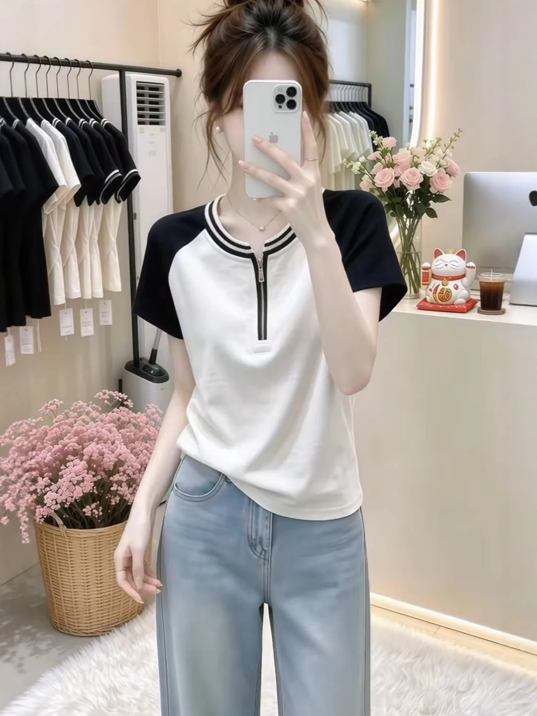 Slimming Short Sleeve T-Shirt Women's Summer Large Size Micro Plump MM Color Block Shoulder Insertion Top Korean Style Casual...