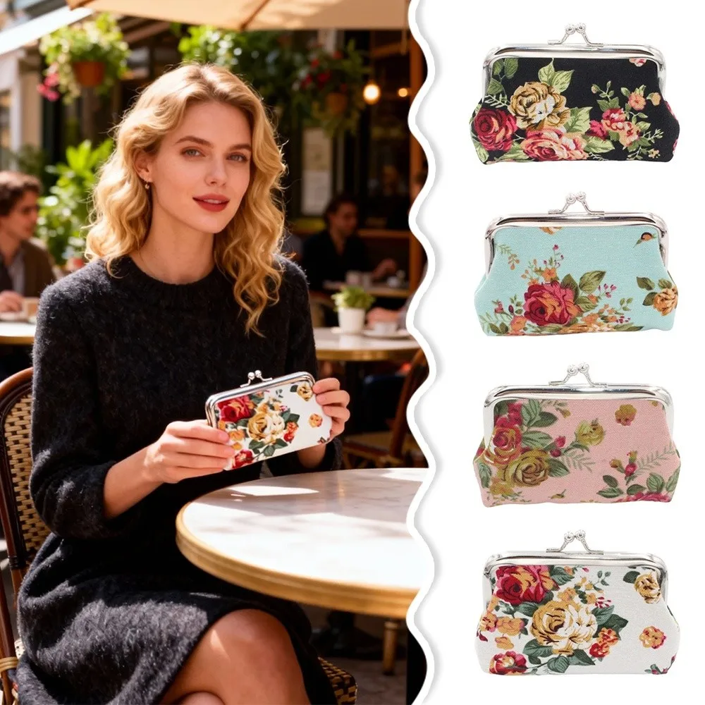 Elegant Flower Printed Coin Purse Vintage Canvas Wallet Coin Bag Women