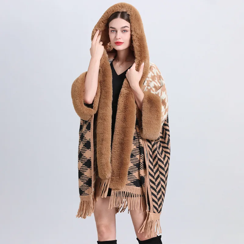 

3 Colors Winter Women Houndstooth Loose Poncho Cappa Thick Warm Batwing Sleeves Long Cloak Faux Fur Neck Overcoat With Hooded