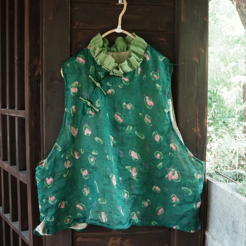 Retro Chinese Side Button Style Sleeveless Vests Women Double-layer Ramie Print Waistcoat Stand Collar Loose New Vintage Tops