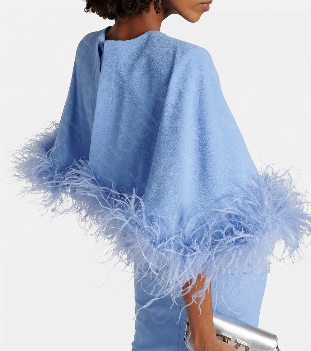 New Baby Blue Feather Dress 2024 Mother Gown for Women 3/4 Sleeve Mother of the Bride Dress Arabic Wedding Guest Gown Back Slit