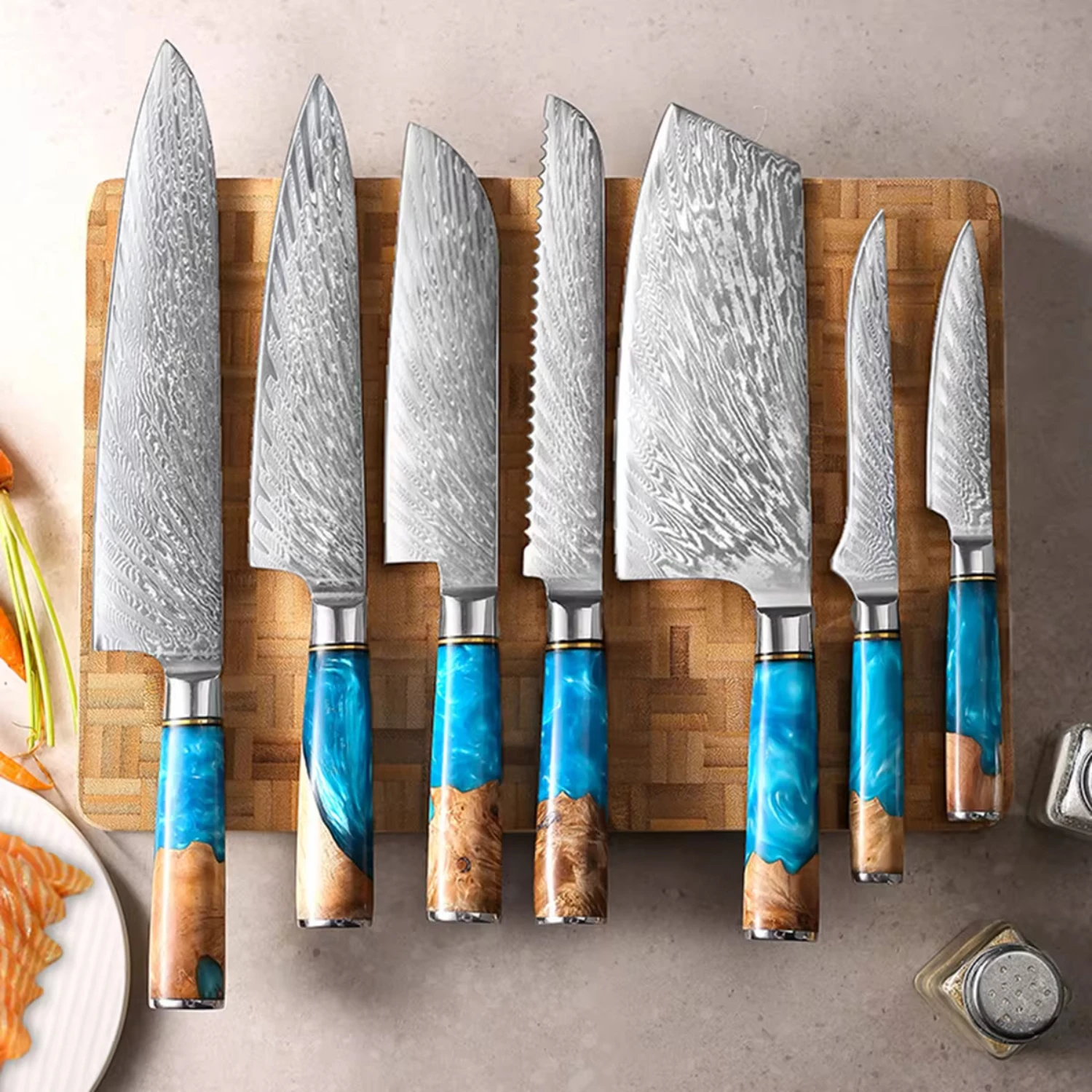 1PCs Damascus  Knives with Blue Resin Handle, Kitchen , Damascus Utility , Chef , Bone , Sande Kitchen , Kitchen , Japanese , Br