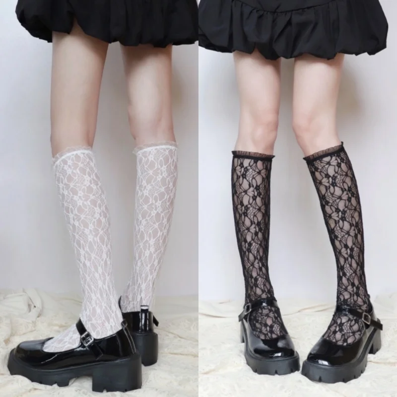 Cute Lolita Lace Knee High Socks Women's Fashion Black Lace Summer Thin Breathable Solid Color Stockings College Style 50CM