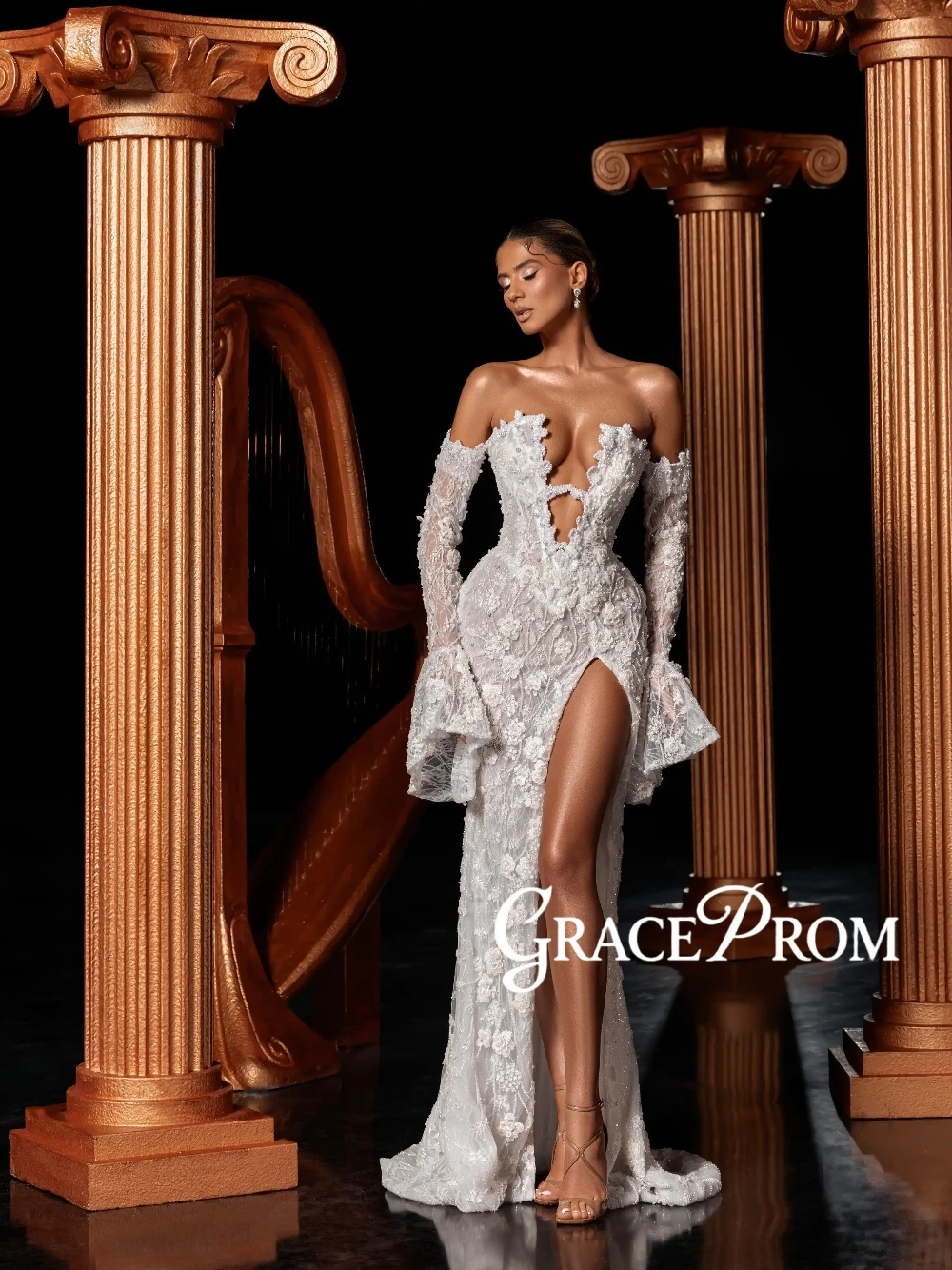 

Richly 2026 Bell Cuffs Off-The-Shoulder Wedding Dress Sexy Cutout High Slit Long Sleeved 3D Floral Embroidery Fitted Bride Wear