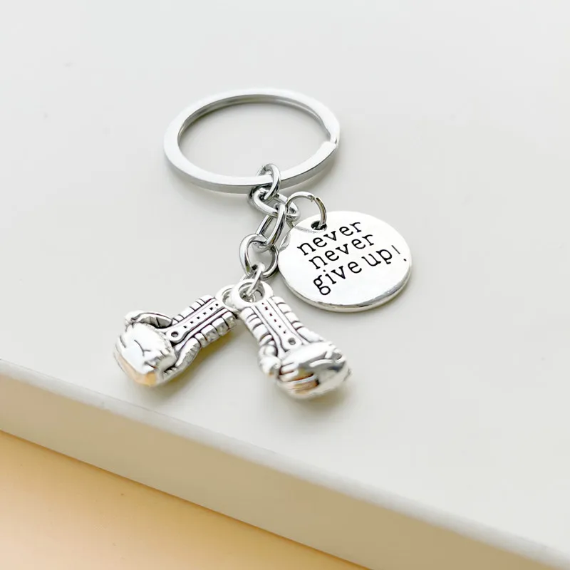 Cute never never give up!  Boxing Gloves Key Chain Inspirational Boxer Sports Men Boy Keyring