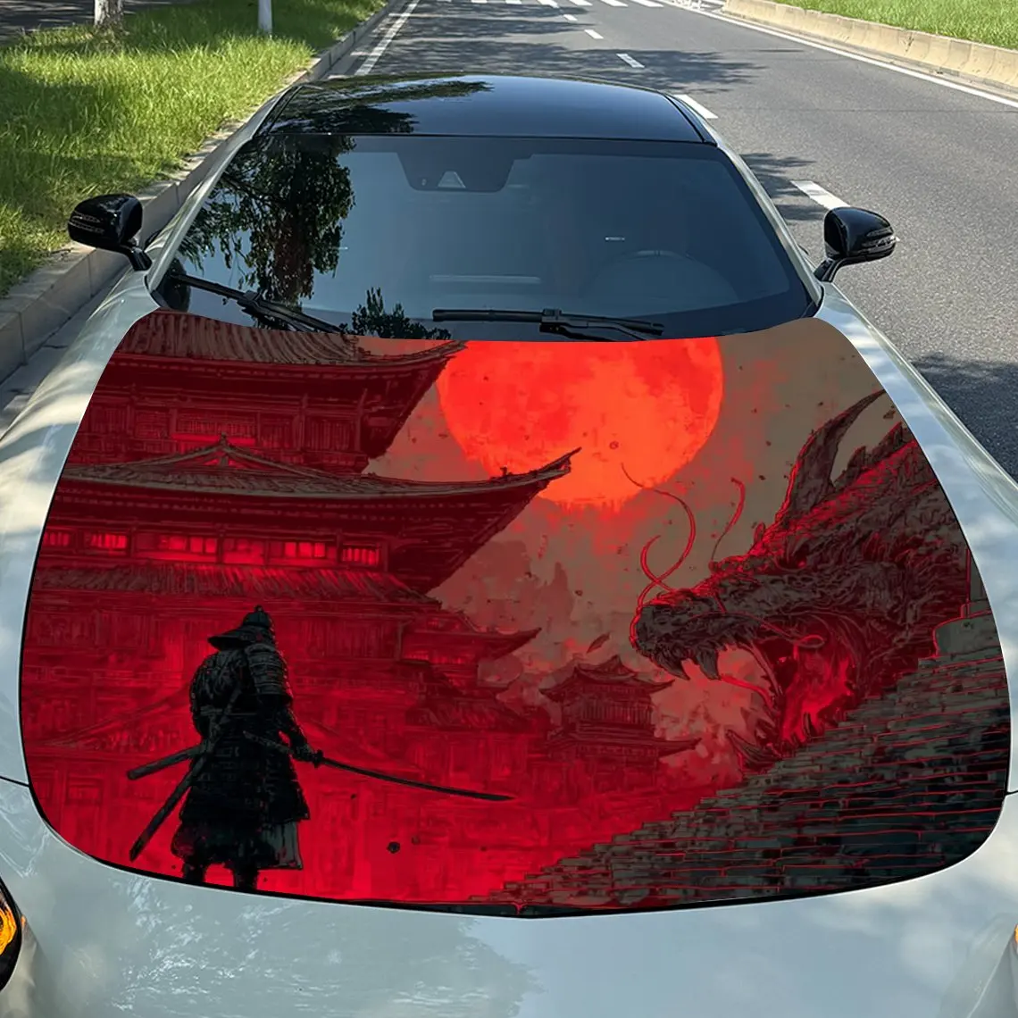 

Red Moon Ancient Architecture Warrior Battle Dragon Car Hood Sticker - Fit Removable Automotive Accessory Durable High-Quality M