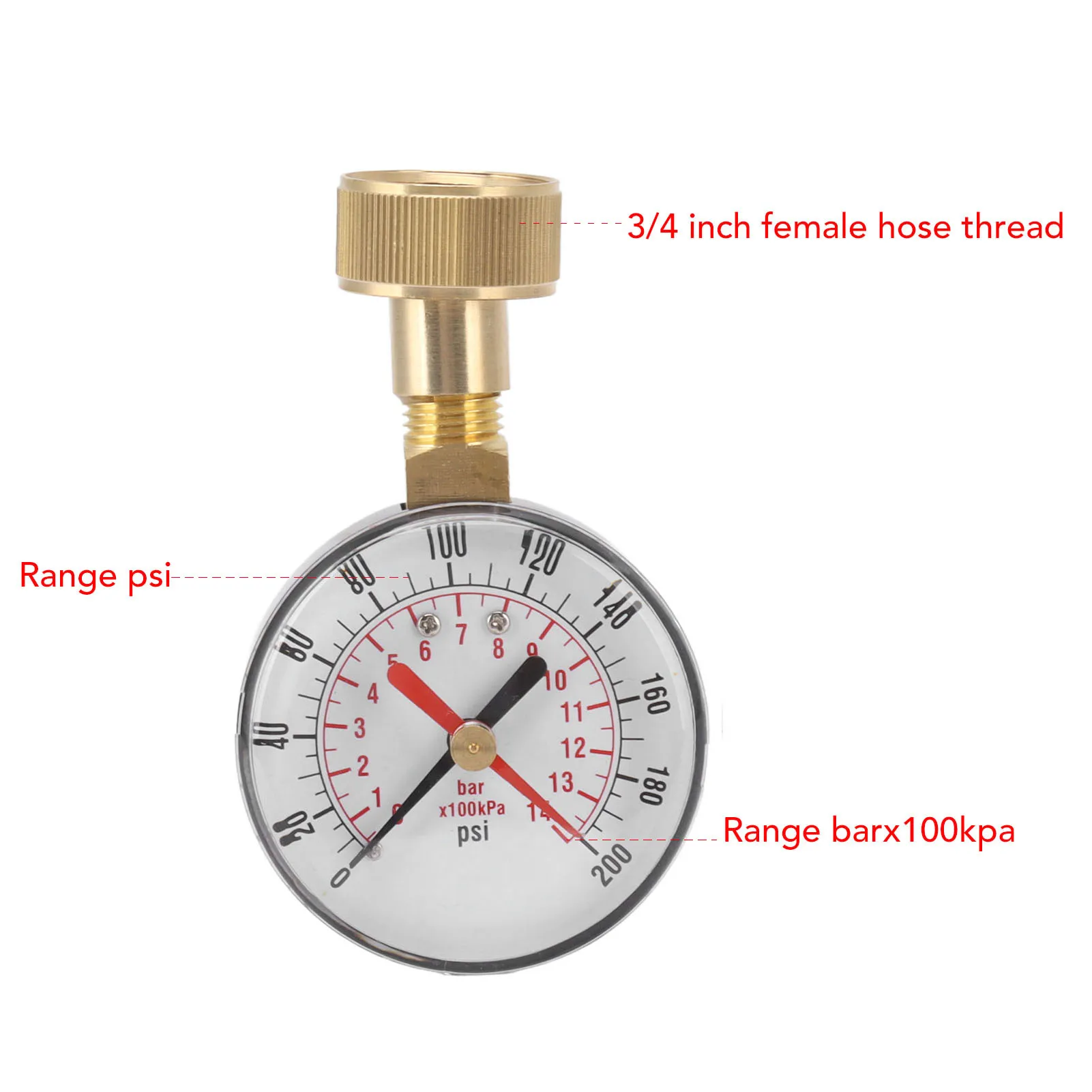 Universal Water Pressure Test Gauge with 3/4 Female Hose Thread for Replacement 0 To 200psi Range for Irrigation Equipment