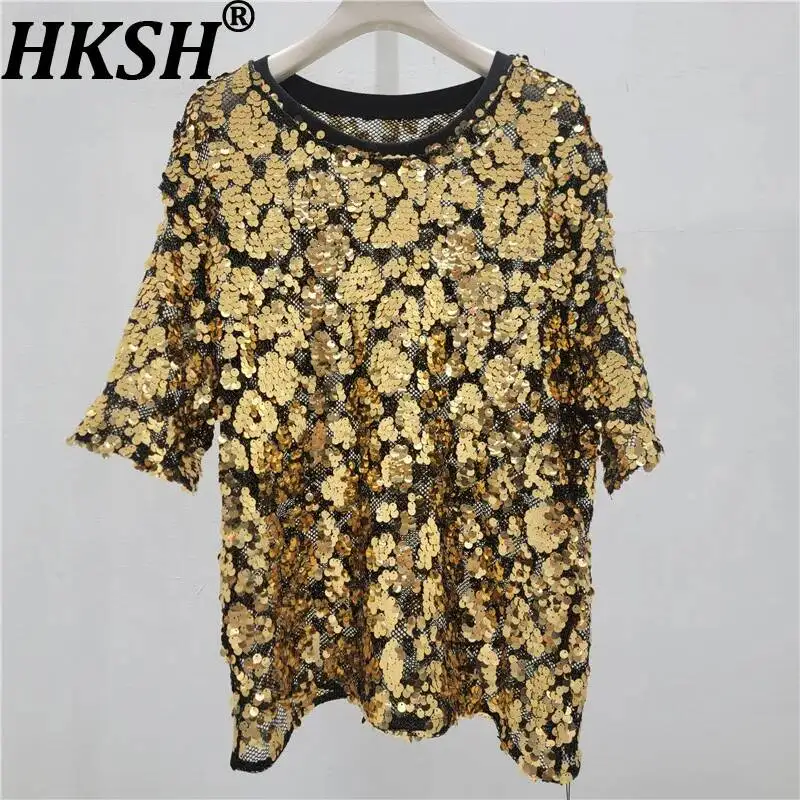 HKSH Women T-shirt Korean Style Trend Stylish Shiny Sequin Patchwork Design Loose Streetwear Ins O-Neck Short Sleeve Top HK24602