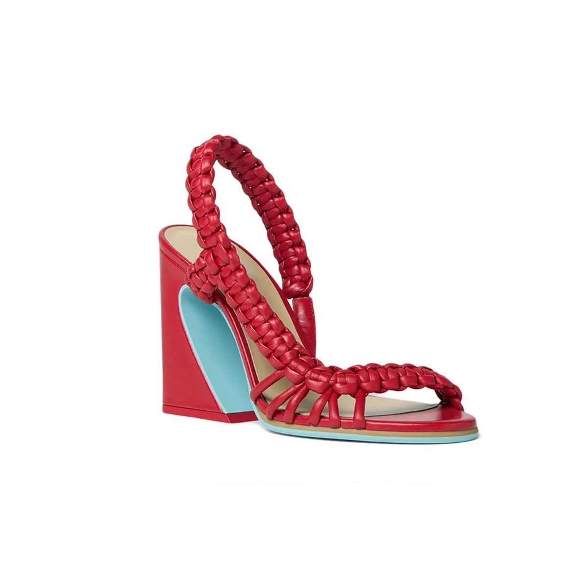 Braided Slingback Wedge Sandals Ladies Square Open Toe Woven Leather Band Hollow Block Heel Contrast Color Summer Footwear