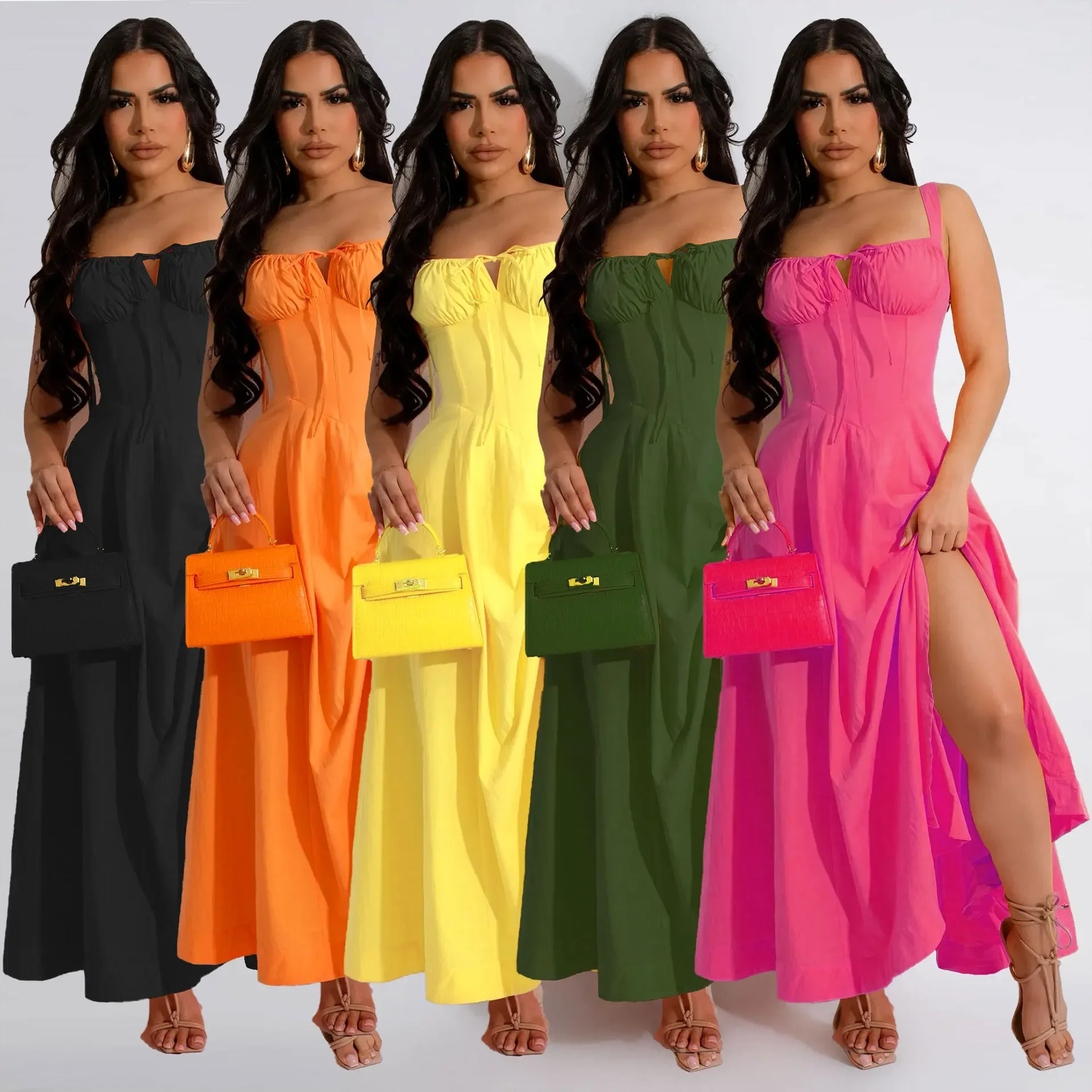 

Women Sling Dress A Line Dresses Long Vestidos Solid Casual Sleeveless Slash Neck Tight Waist Elegant Splice Regular Sexy