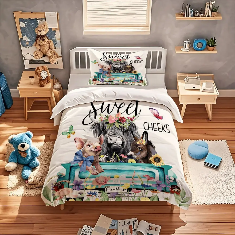 Farm Highland Cow Pig Duvet Cover Set Comforter Cover Bedding Set No Filler Country Soft Adult Bedroom Bedding Kit