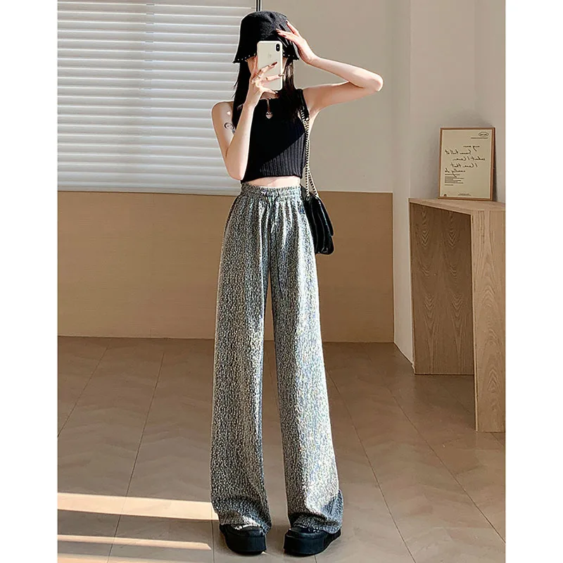 New Ice silk Wide-Leg Pants Women Spring Summer Loose High-Waisted Slim Straight Elastic Waist Soft Fashionable Casual Pants