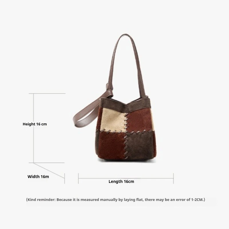 Vintage Everyday Mini Colorblock Nubuck Bucket Bag for Women Genuine Leather Shoulder Bag Luxury Handbag Adjustable Strap