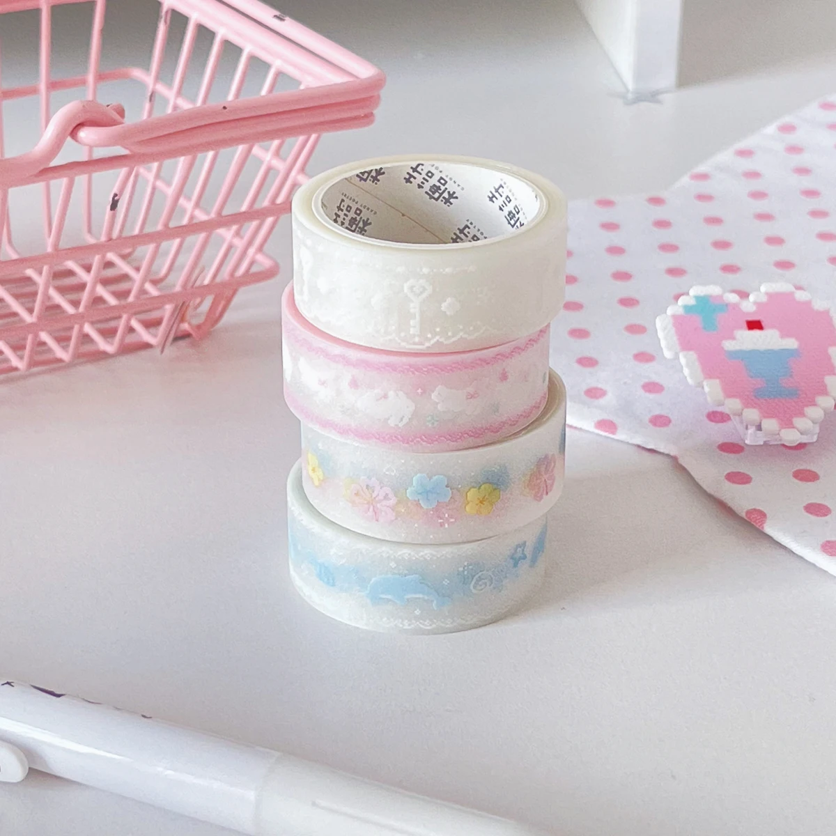 Kawaii PET Decorative Tape 2m Glitter Sand Finish Pastel Rose Dolphin Grid Border Designs for Planner Diary Collage Stationery