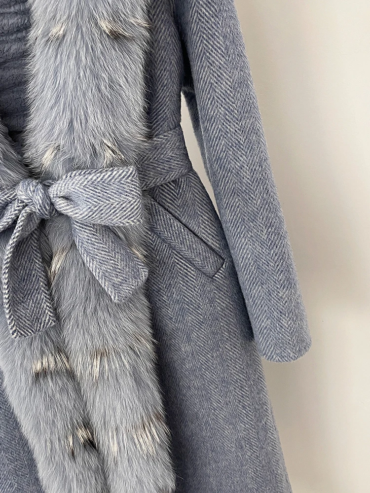 2025年秋冬新作 レディース 暖かいロング丈フード付きファー ウールジャケット 厚手ラビットファー裏地 ウールコート 女性用