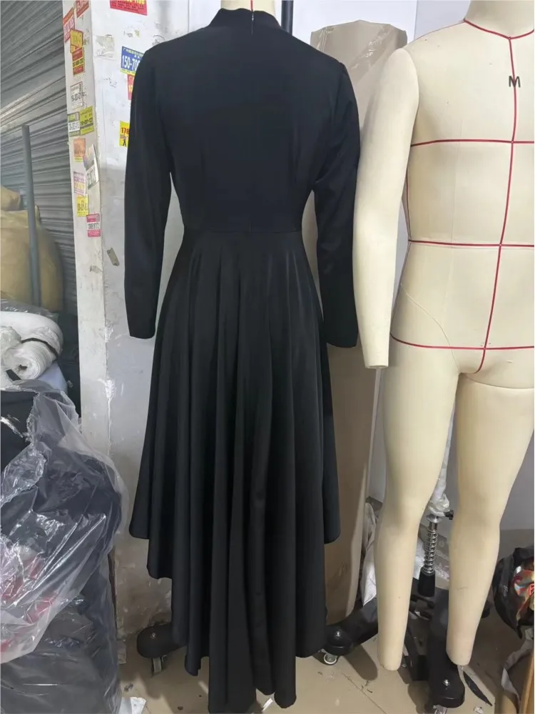 Weibliche Ausländischen Stil Solide Lange Kleid Frühling Herbst Mode V-ausschnitt Unregelmäßigen Saum Kleider Damen Hohe taille Lanyard Vestidos