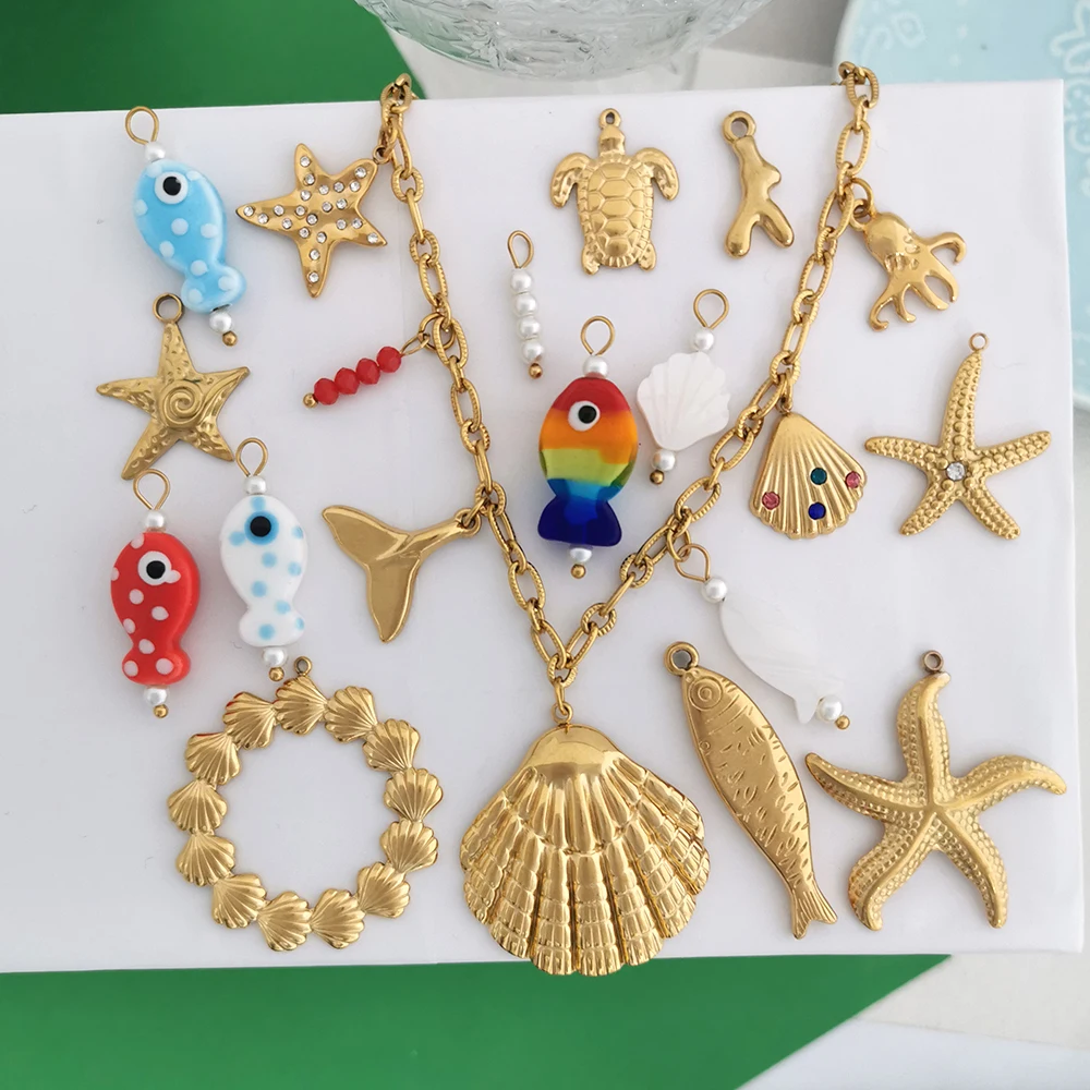 1 Piece Ocean Pendant Charm Shell Seastar Fish Turtle Coral Handmade Custom Necklace Stainless Steel Pearl Ceramic Wholesale