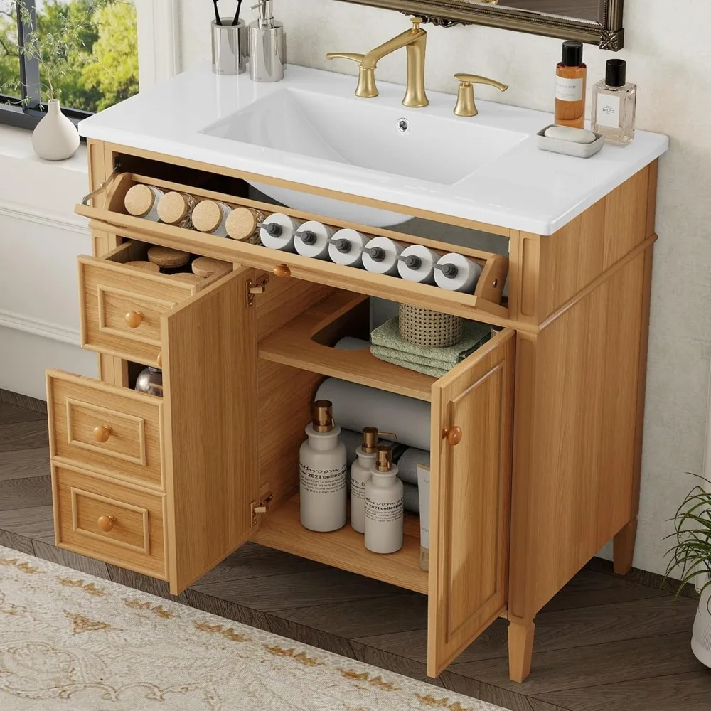 36-Zoll-Badezimmer-Waschtisch mit Waschbecken, 36-Zoll-Badezimmer-Waschtisch mit viel Stauraum, moderner Massivholzschrank mit Soft-Close-Tür
