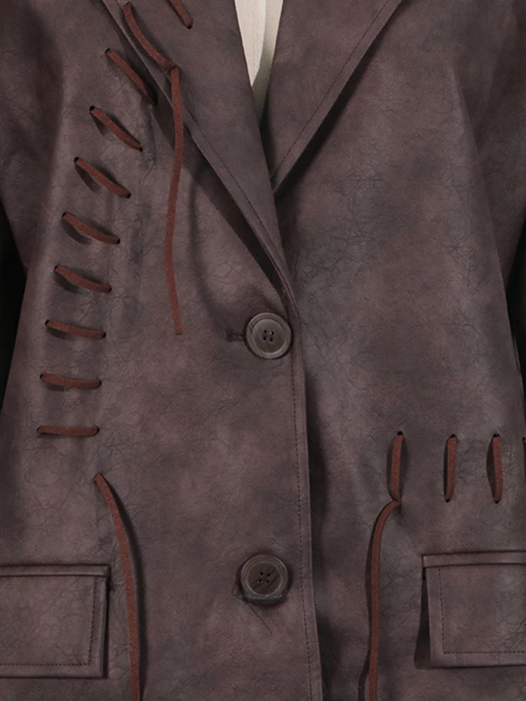 YERMORA Coffee PU Leather Irregular Bandage Blazer For Women Lapel Long Sleeve Loose New Jacket Fashion Tide Sring Autumn 2025