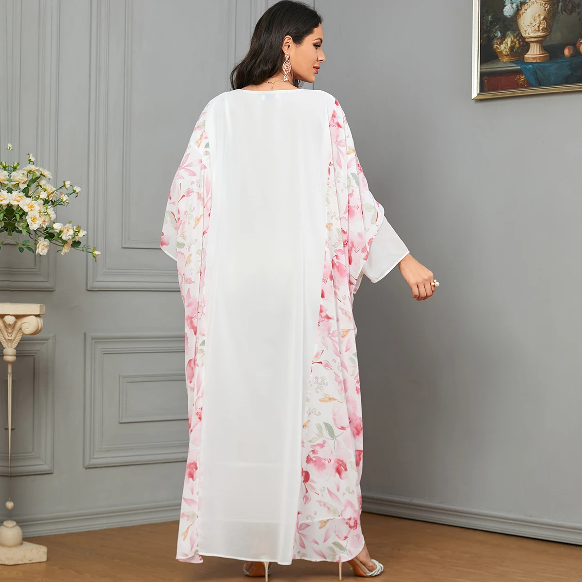 BNSQ Fashion Neckline embroidery Muslim Abaya for Women Patchwork Floral Fabric Casual Moroccan Kaftan Dubai Turkey Long Robe