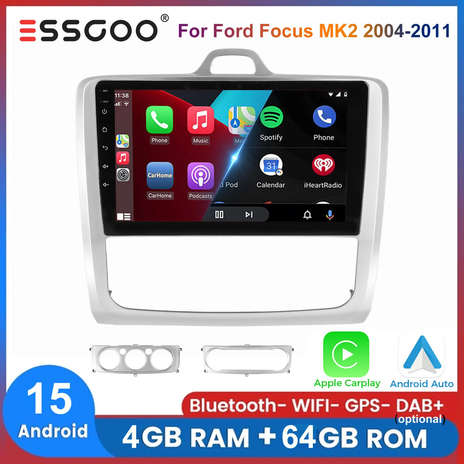 ESSGOO 4+64GB Carplay Autoradio pour Ford Focus MK2 2004-2011, Android 15 9" GPS Navigation FM Wifi SWC Multimédia DAB+ Caméra DVR