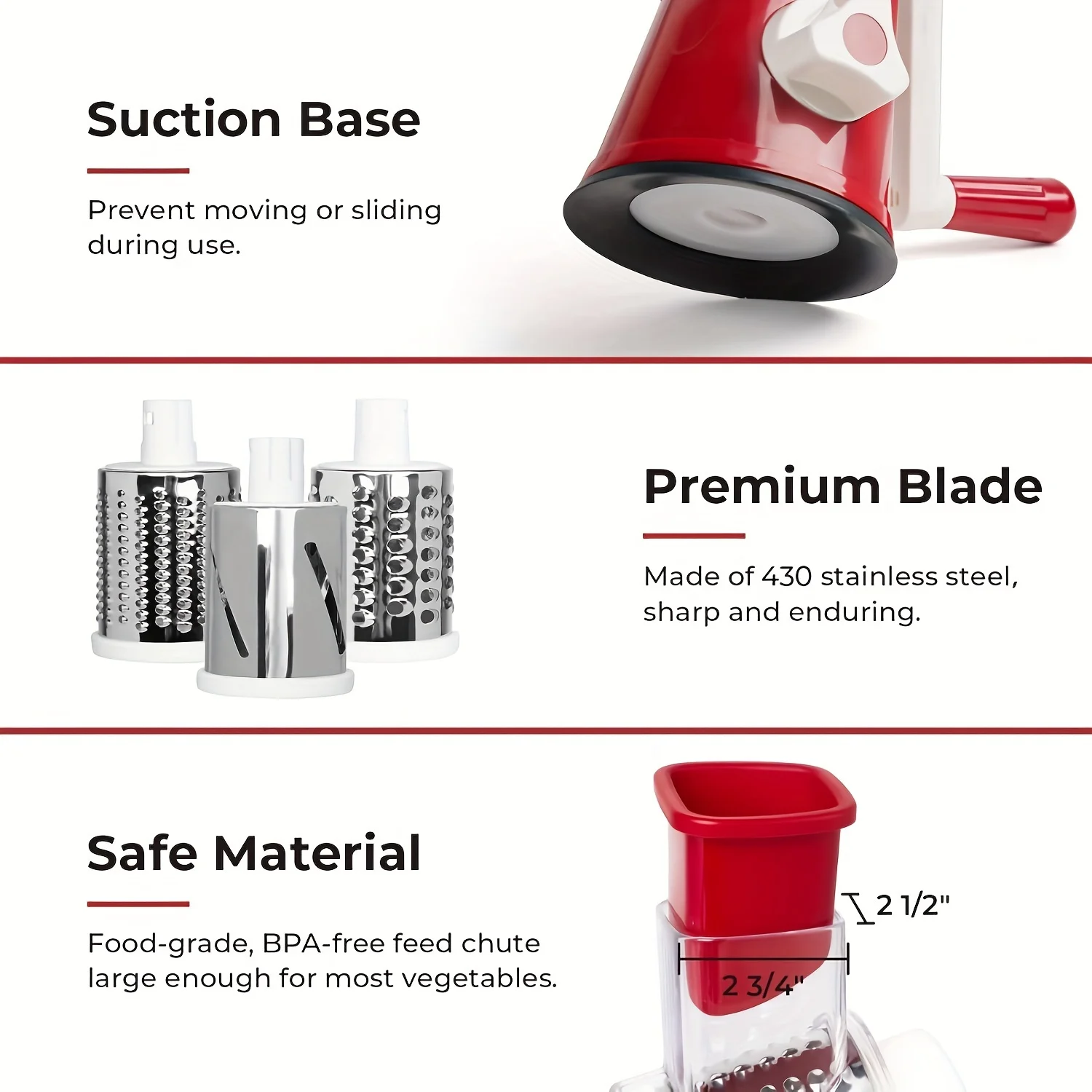 Râpe à fromage rotative 3 en 1, acier inoxydable avec 3 lames et base à forte aspiration, lave-vaisselle, pour légumes, noix