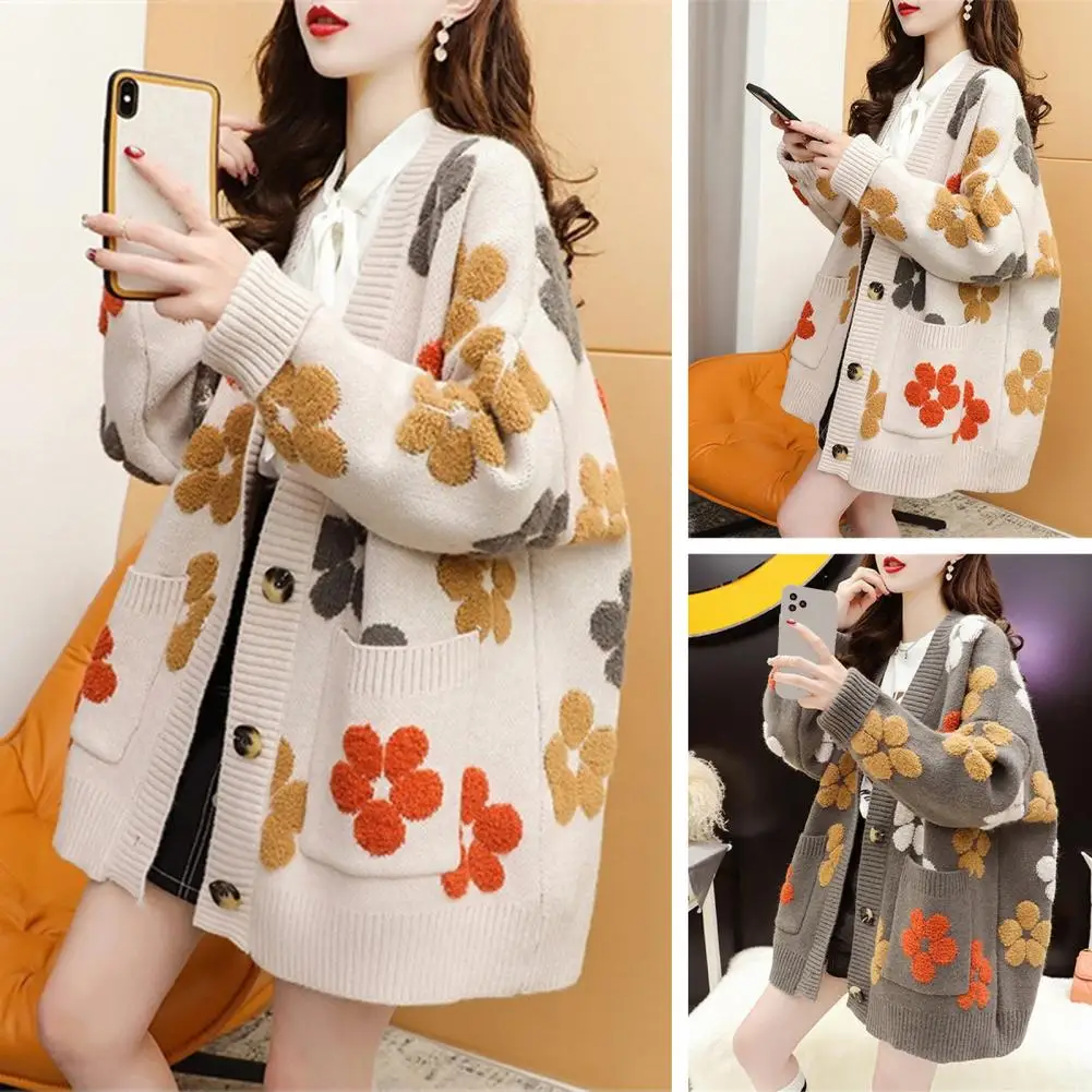 Women's Knitted Long-sleeved V-neck Sweater Cardigan Jacquard Flower Decor Sweater Coat Single Breasted Sweater Cardigan