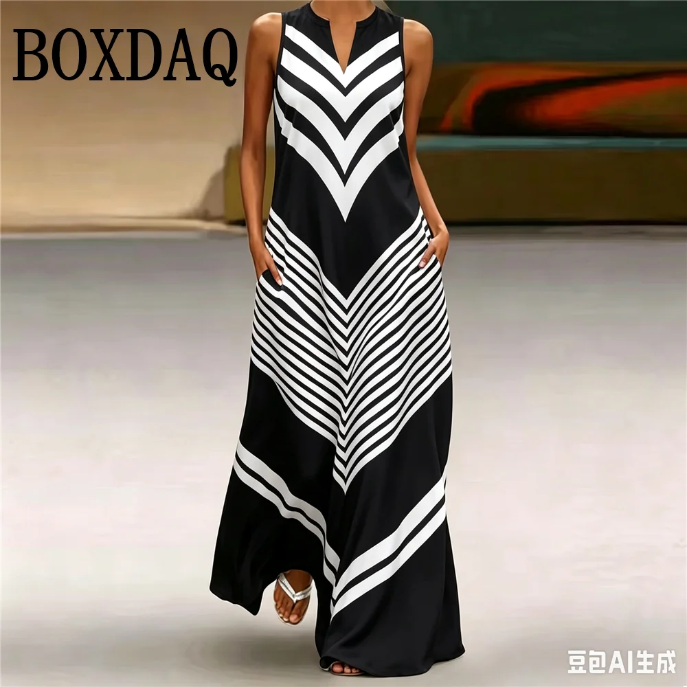 Color Blocking Striped Pattern Long Dress For Women Summer Sleeveless V-Neck Pockets Loose Casual A-Line Dress Sexy Ladies Robe