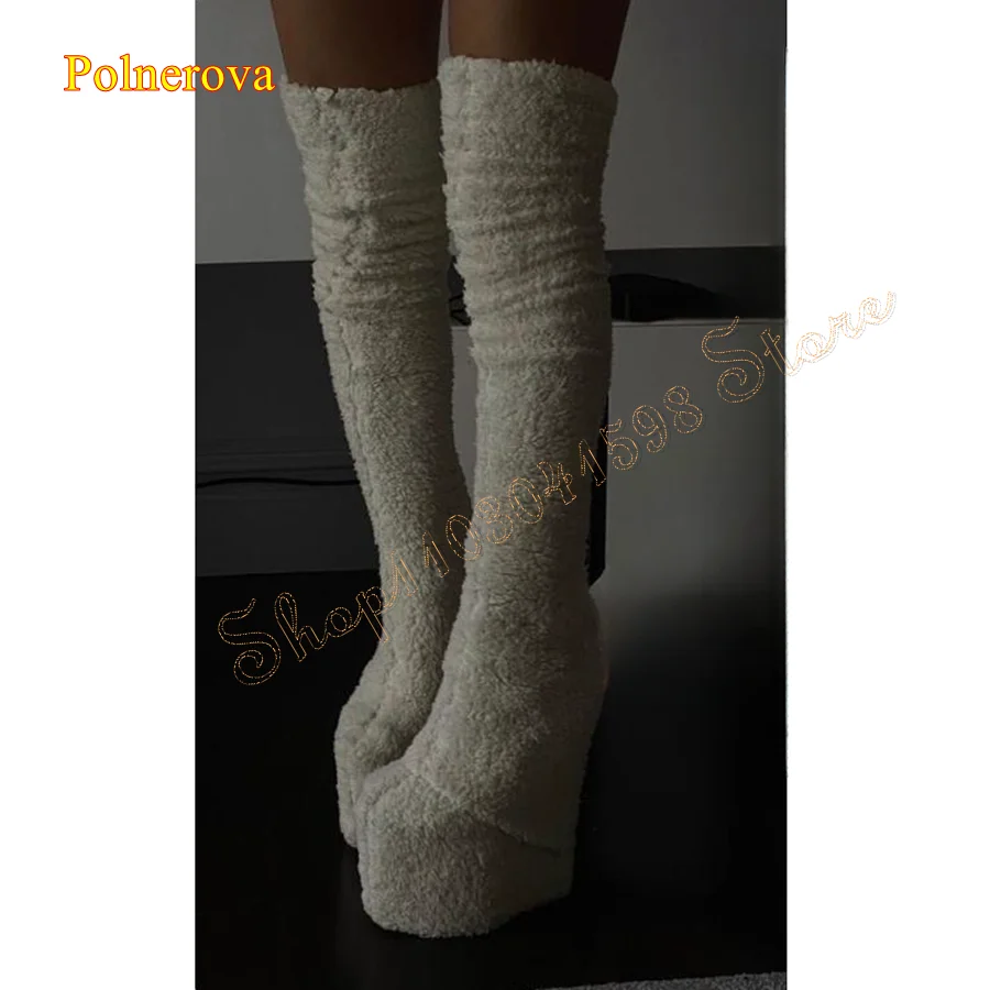 

Warm Furry Over The Knee Boots,Tight Platform Wedge Boots for Women Round Toe Heel Boots Plus Size 2024 New Zapatos Para Mujere