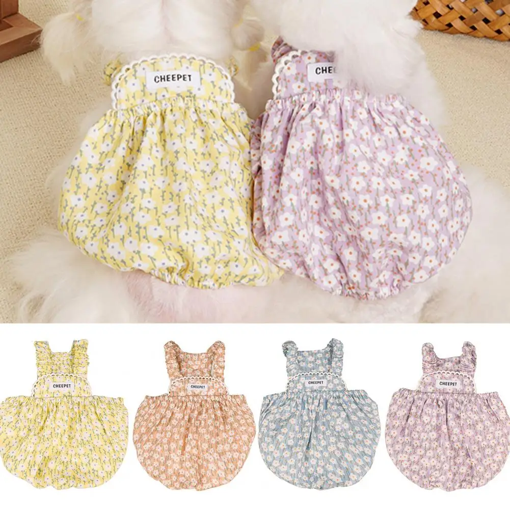 Adorable Dog Dress Stylish Sweet Floral Printing Bubble Skirt For Summer Comfortable Lattice Splicing Sleeveless Pet Supplies