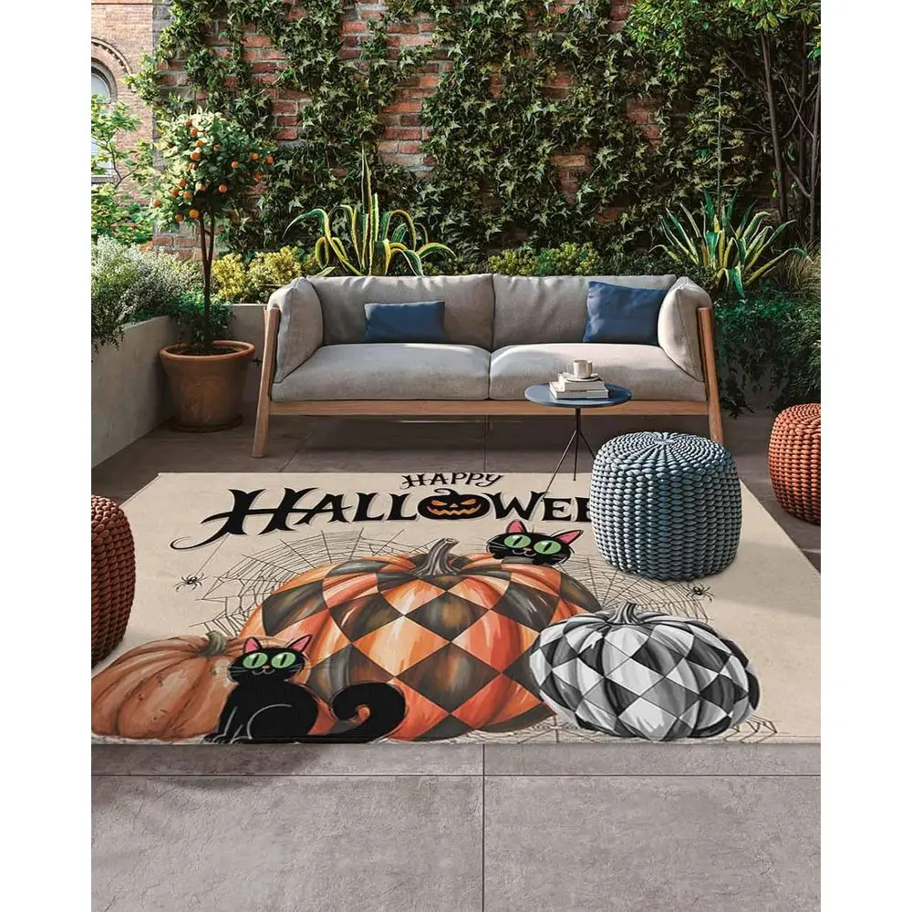 

Patio Outdoor Rugs, Halloween Lattice Black Cat Design, Non-Slip Absorbent Mats for Deck, Backyard, Porch, Gothic Spider Web Sty