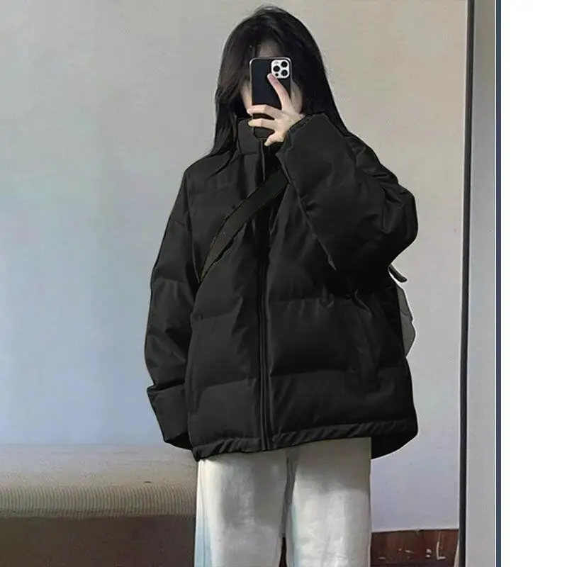 

American Style Thickened Women's Winter Down Cotton-Padded Jacket Black Loose Girl's Student Sweet Keep Warm Puffer Jacket Coat
