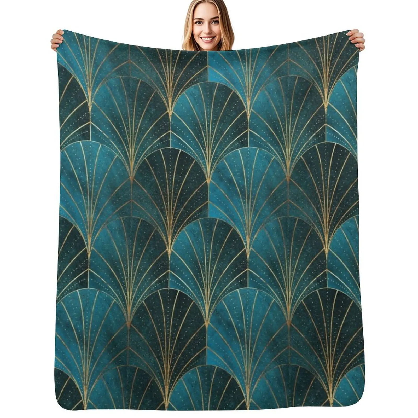 Art Deco Waterfalls // Textured Teal Throw Blanket Warm Throw Blanket Gift for Anniversary